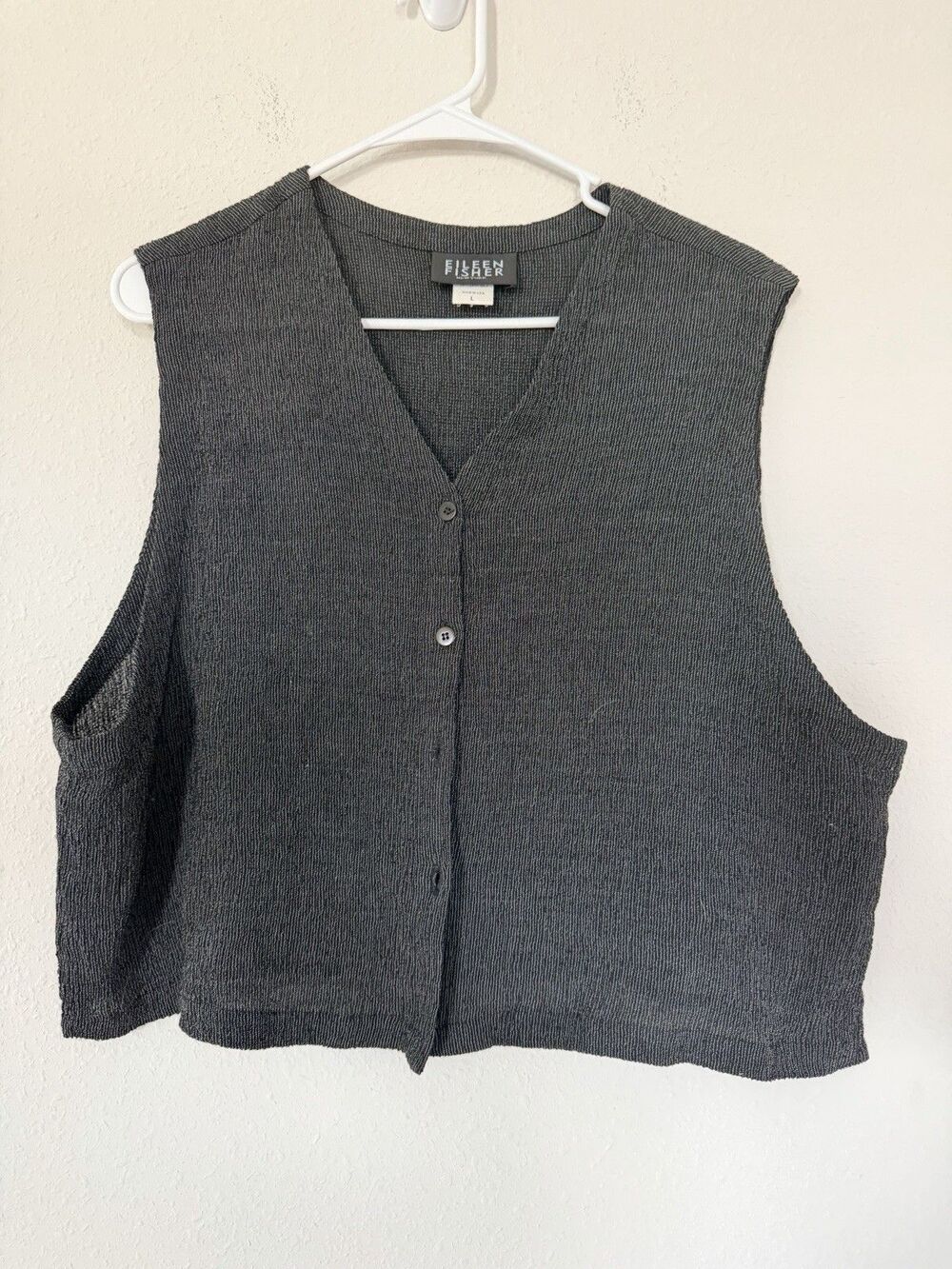 Eileen Fisher Textured Vest Large Boxy Lagenlook Button Front Sustainable Top